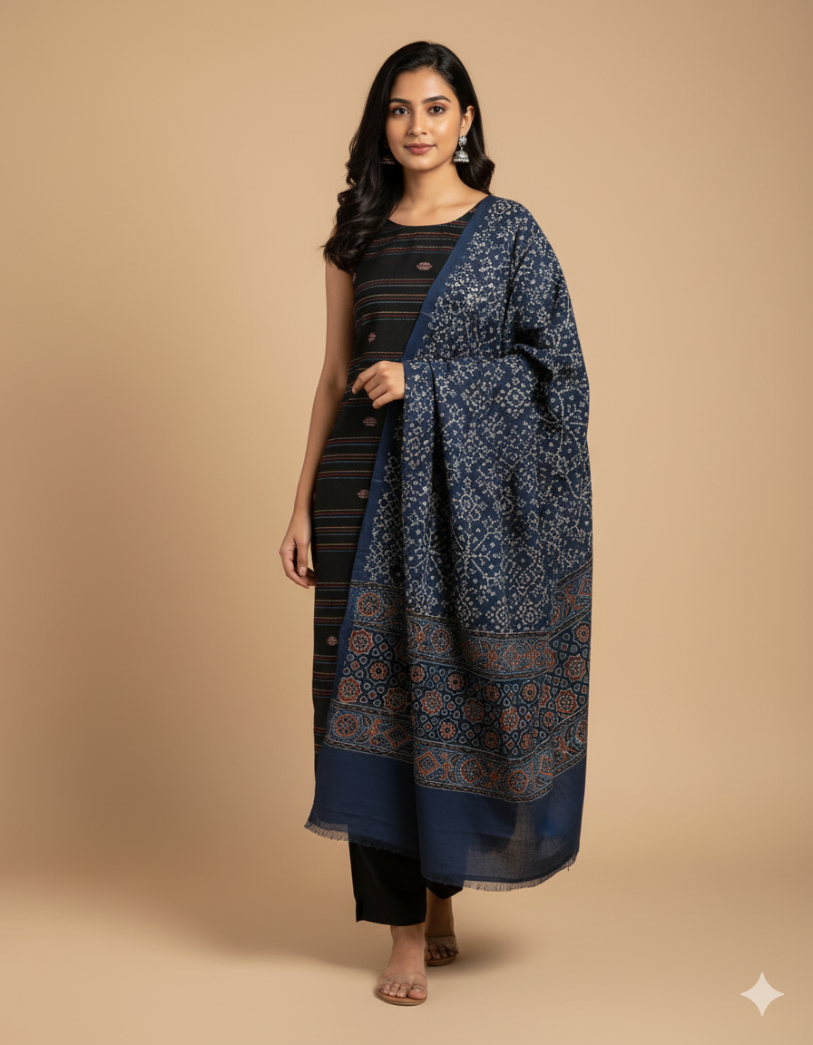 Cotton with ajrakh dupatta suit set