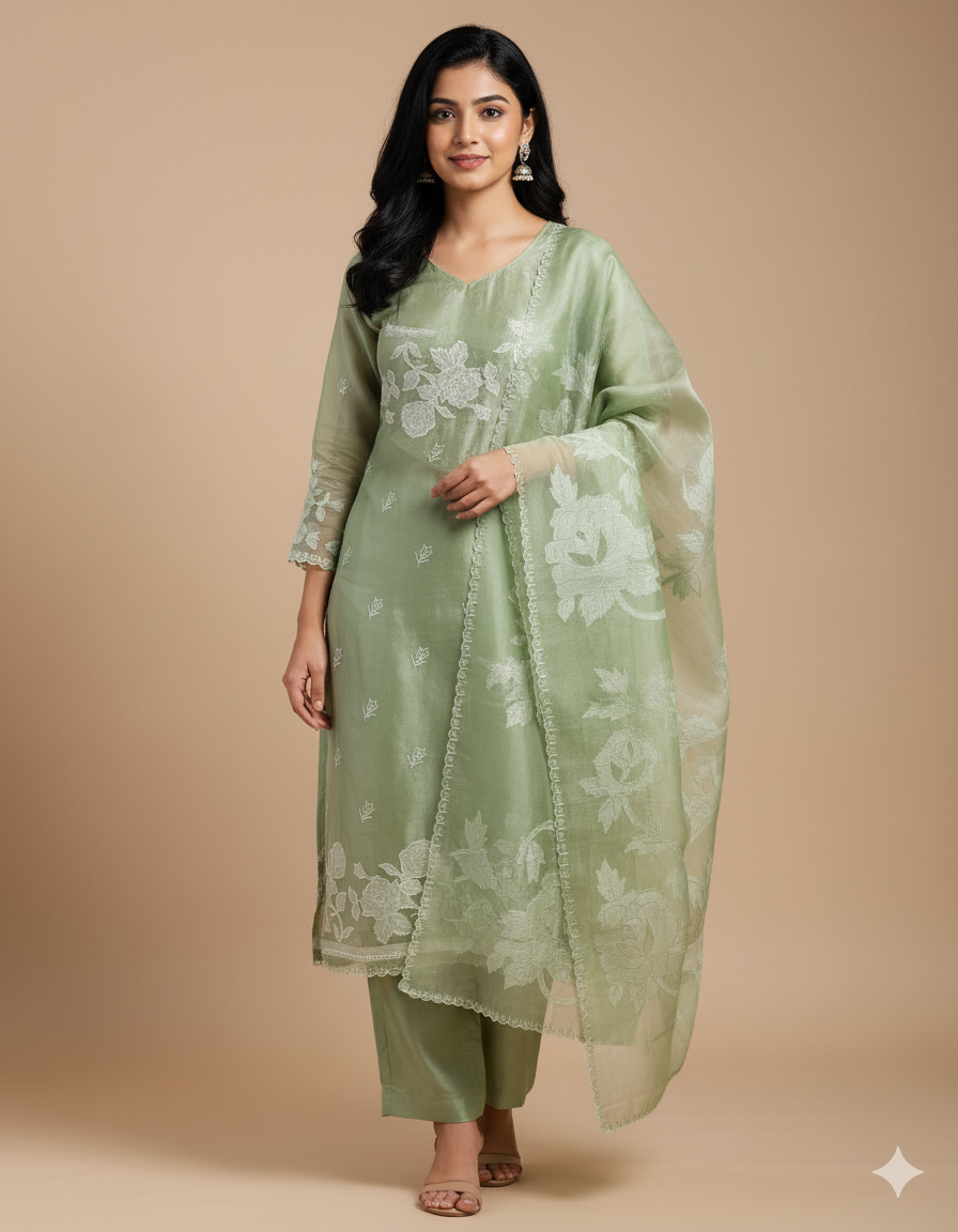 Pure organza applique work suit set