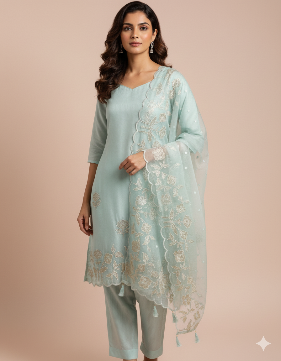 Pure organza applique work suit set