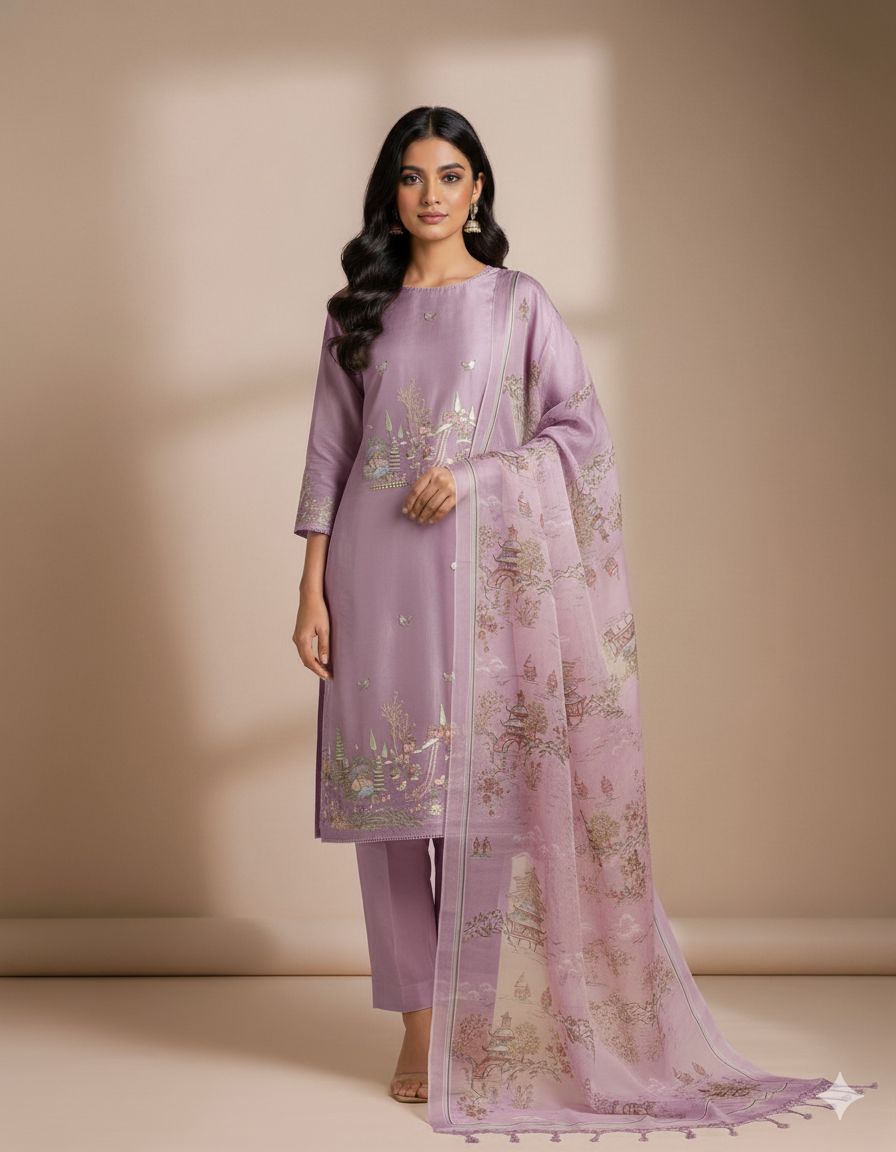 Pure organza embroidery suit set