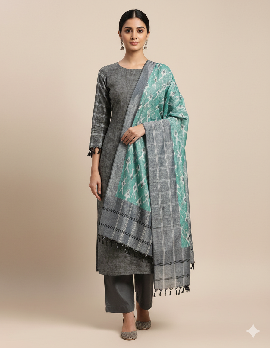 Pure Cotton Woven top with mercidiced handloom ikat dupatta suit set