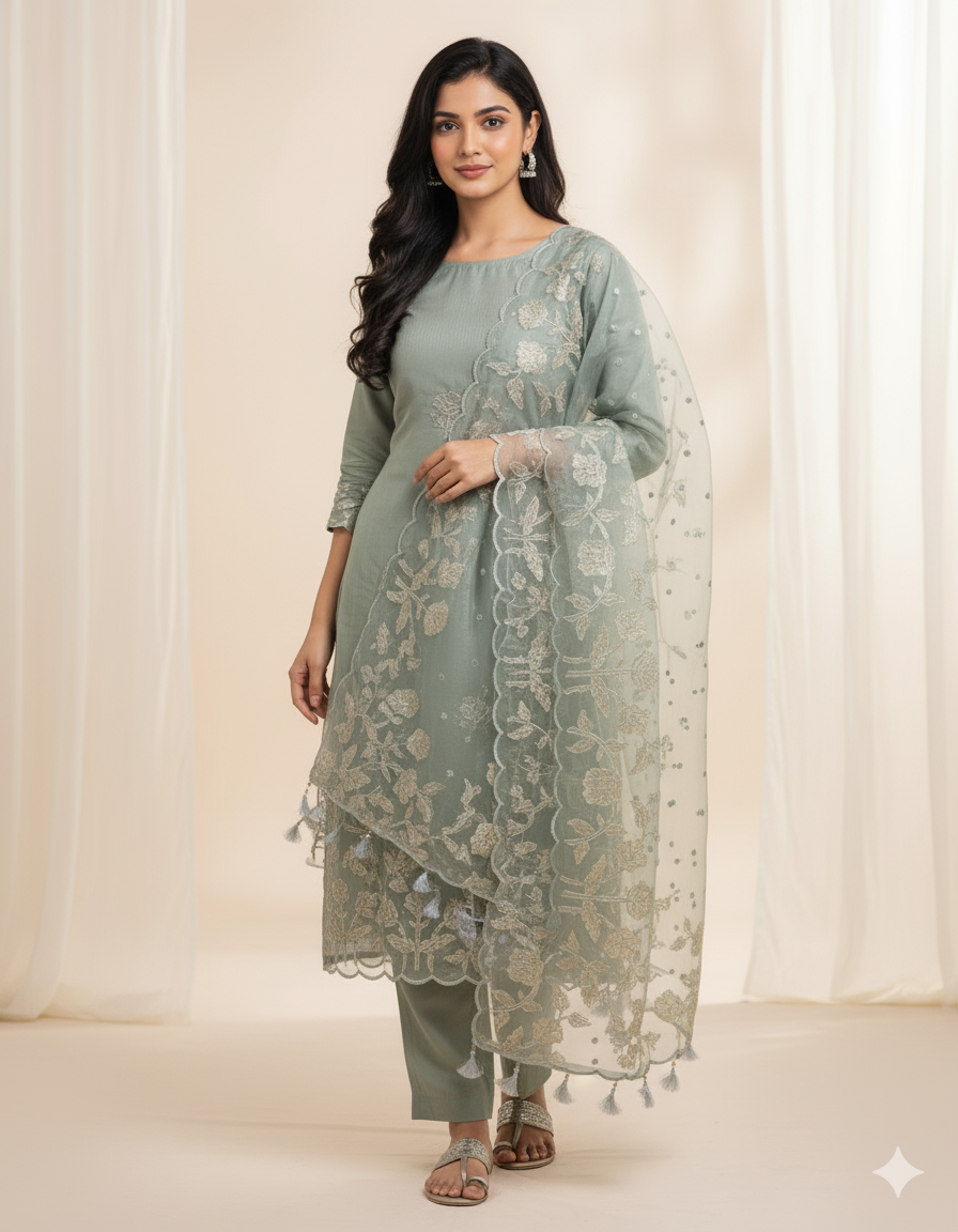 Pure organza applique work suit set