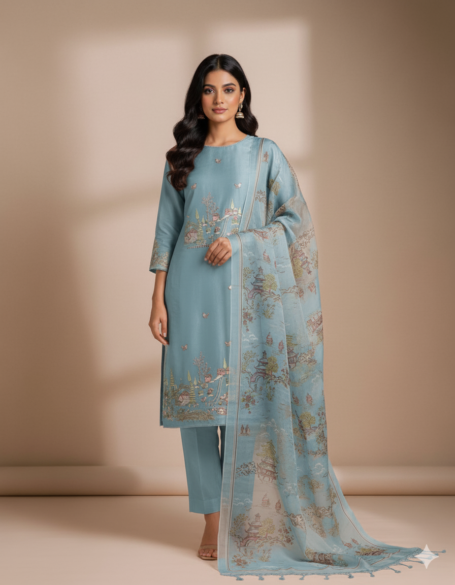 Pure organza embroidery suit set