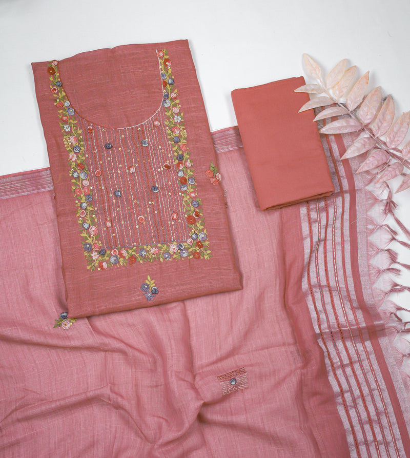 Linen Chanderi Embroidered Suit Sets