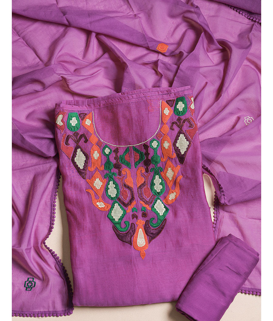 MUL CHANDERI EMBROIDERED SUIT SET