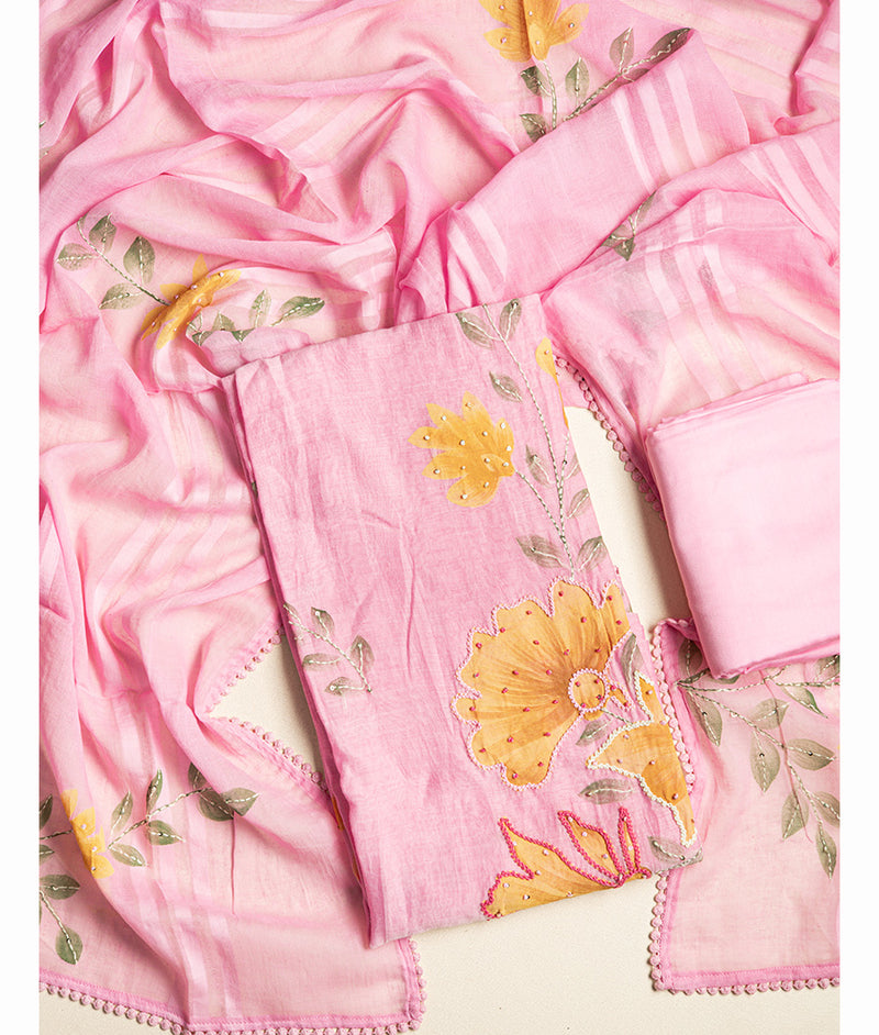 MUL CHANDERI EMBROIDERED SUIT SET
