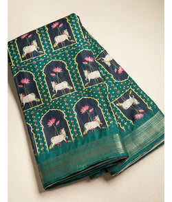 SEMI TUSSAR PICHWAI PRINT WITH MANGALGIRI BORDER FABRIC