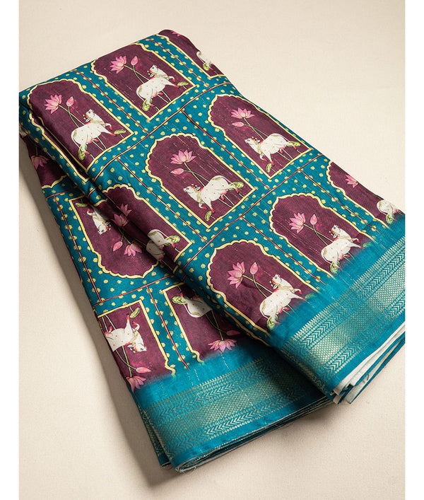 SEMI TUSSAR PICHWAI PRINT WITH MANGALGIRI BORDER FABRIC