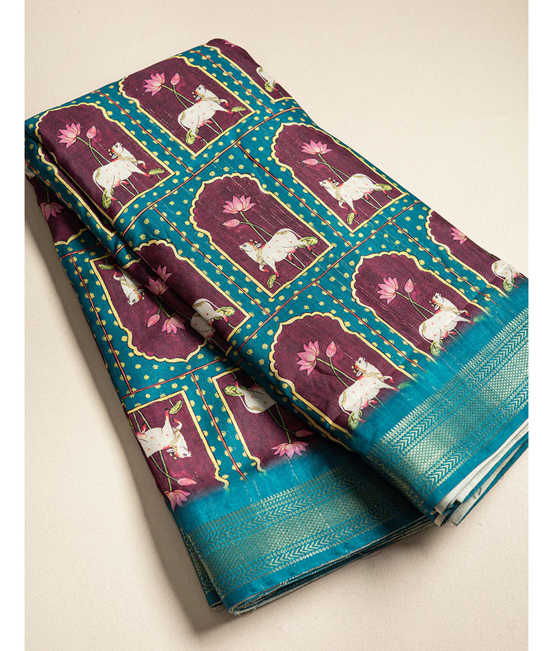 SEMI TUSSAR PICHWAI PRINT WITH MANGALGIRI BORDER FABRIC