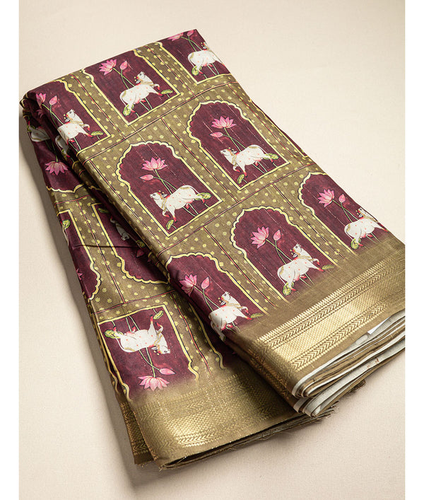 SEMI TUSSAR PICHWAI PRINT WITH MANGALGIRI BORDER FABRIC