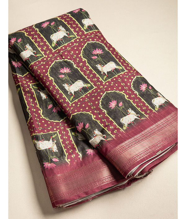 SEMI TUSSAR PICHWAI PRINT WITH MANGALGIRI BORDER FABRIC