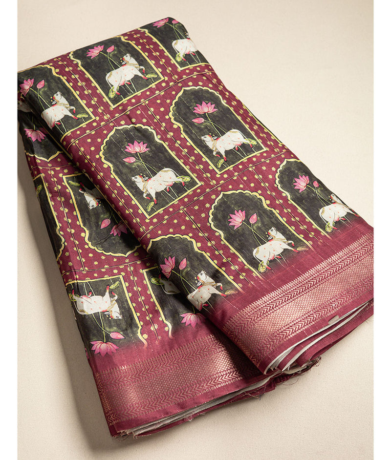 SEMI TUSSAR PICHWAI PRINT WITH MANGALGIRI BORDER FABRIC