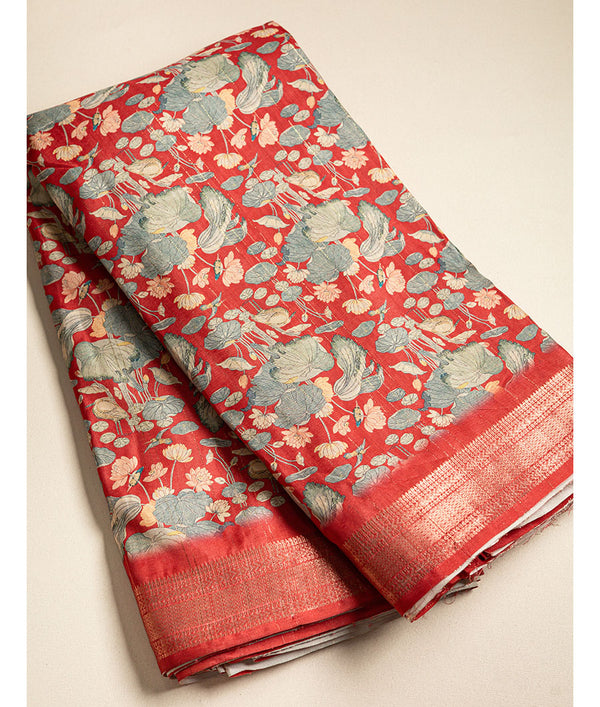 SEMI TUSSAR FLORAL  PRINT WITH MANGALGIRI BORDER FABRIC