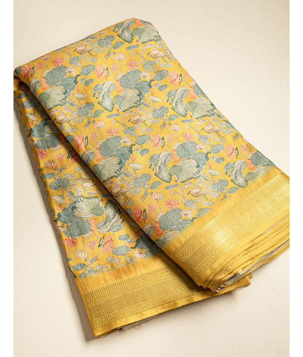 SEMI TUSSAR FLORAL  PRINT WITH MANGALGIRI BORDER FABRIC
