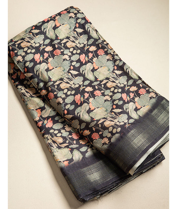 SEMI TUSSAR FLORAL  PRINT WITH MANGALGIRI BORDER FABRIC