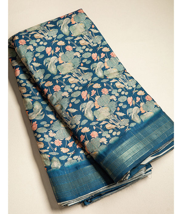 SEMI TUSSAR FLORAL  PRINT WITH MANGALGIRI BORDER FABRIC