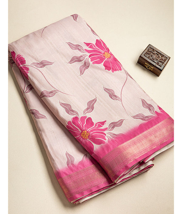 SEMI TUSSAR FLORAL  PRINT WITH MANGALGIRI BORDER FABRIC