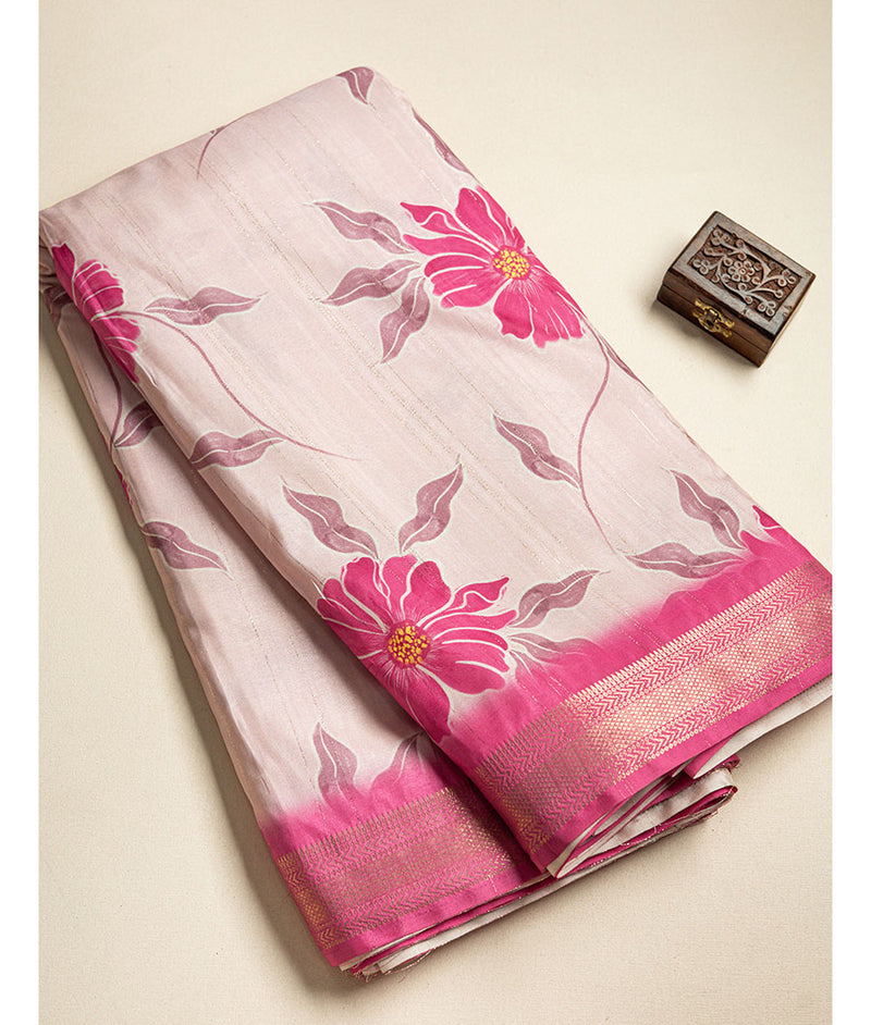 SEMI TUSSAR FLORAL  PRINT WITH MANGALGIRI BORDER FABRIC