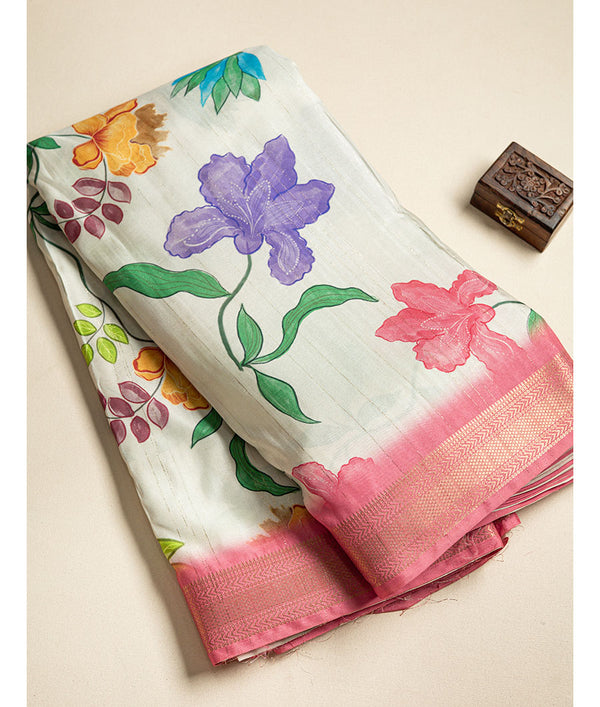SEMI TUSSAR FLORAL PRINT WITH MANGALGIRI BORDER FABRIC