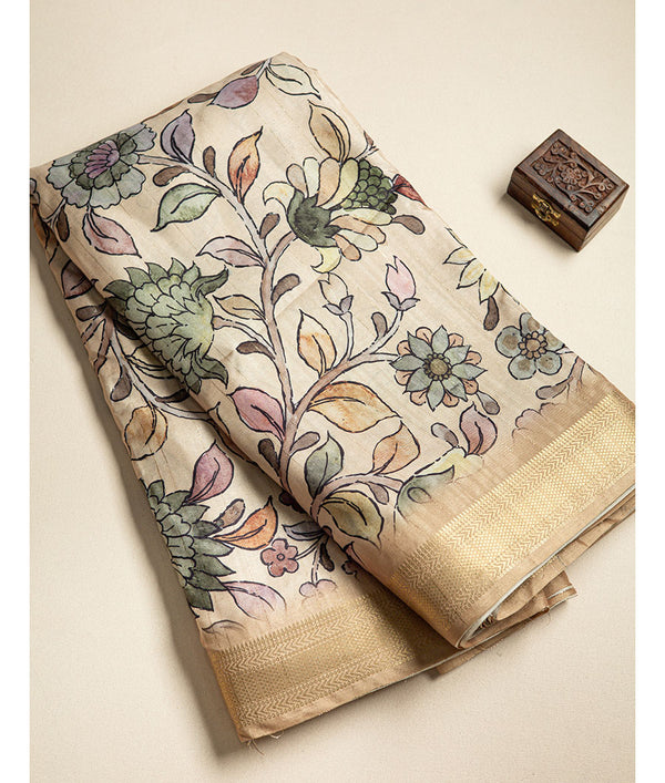 SEMI TUSSAR FLORAL PRINT WITH MANGALGIRI BORDER FABRIC