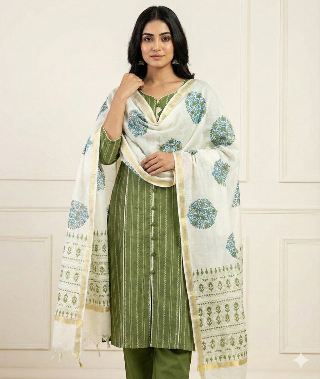COTTON WOVEN 3 PIECE SUIT SET